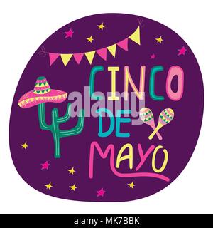 Banner oder Karte für Cinco de Mayo Feier. Urlaub Poster mit Hand gezeichnet Kalligraphie Schrift, Sombrero, Kaktus, Chili, Tequila und Maracas. Vec Stock Vektor