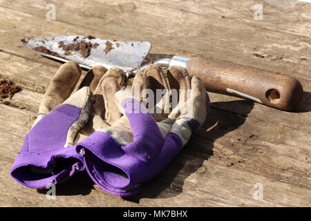 Ein Tag im Garten, Pflanzen, Samen, mit einem alten Paar Gartenhandschuhe und einen silbernen Kelle mit einem Griff aus Holz Stockfoto