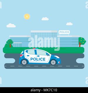 Streife auf einer Straße mit Polizei, Offizier, modernes Gebäude, Natur Landschaft. Fahrzeug mit Blaulicht auf dem Dach. Flache Vector Illustration. Stock Vektor