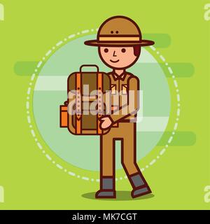 Safari junge Explorer hält Rucksack Vector Illustration Stock Vektor