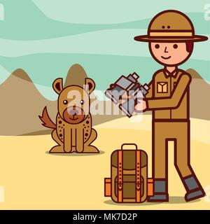 Safari junge Explorer hält binoclars Rucksack und Hyäne im Desert Vector Illustration Stock Vektor