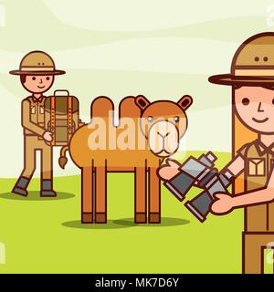 Safari Mädchen und Jungen explorer hält Fernglas, Rucksack mit Kamel Vector Illustration Stock Vektor