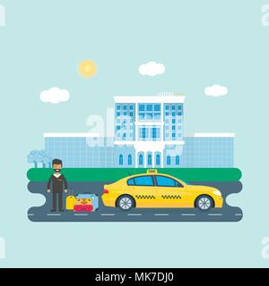 Maschine gelbes Taxi mit Fahrer, Gepäck, Hotel in der Stadt. Öffentliches Taxi Service Konzept. Flache Vector Illustration. Stock Vektor