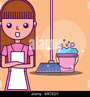 Wäscheservice cleaner Mädchen cartoon Schaufel Seife Schaum Besen Vector Illustration Stock Vektor