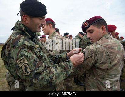 Eine serbische Fallschirmjäger trades Schulter Patches mit einem U.S. Army Fallschirmjäger auf die 173Rd Airborne Brigade auf Lisicji Jarak Flughafen, Serbien, Nov. 17, 2017 zugeordnet. Usa und Serbischen Fallschirmjäger durchgeführt Airborne insertion Übungen zusammen, die während der Übung Doppeladler, voneinander zu lernen und Beziehungen aufzubauen, dass die regionale Sicherheit zu fördern. (U.S. Air Force Foto von älteren Flieger Elizabeth Baker) Stockfoto