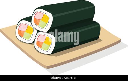 Drei Sushi Roll auf Holzplatte, isolierte Vektorgrafiken Stock Vektor