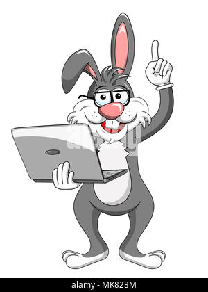 Cartoon lustige Zeichen oder Maskottchen Kaninchen oder Hase mit Brille holding Laptop isoliert auf weißem Stockfoto