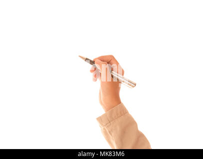 Hand einer Frau hält einen Stift isoliert auf weißem Hintergrund. Stockfoto