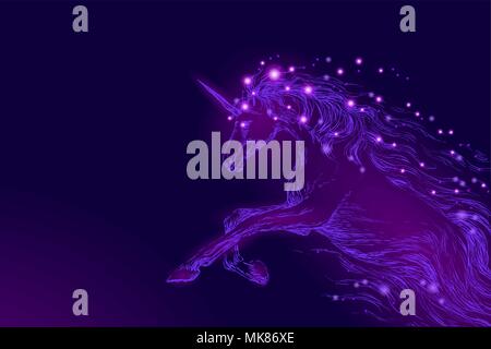 Purpur violett leuchtenden Pferd Einhorn reiten Nacht sky Star. Kreative Dekoration magischer Kulisse glänzend Kosmos Space horn Märchen Mythos mond licht fantasy Hintergrund Vector Illustration Stock Vektor