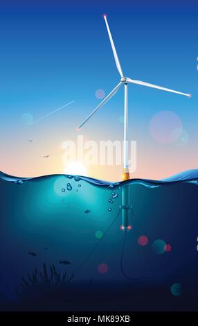 Auf Offshore Windenergieanlagen. Wind Generator Bau. Subsea oder unter Wasser. Windmühle Anschluss Netzkabel am Meeresgrund. Power Generator Technolog Stock Vektor