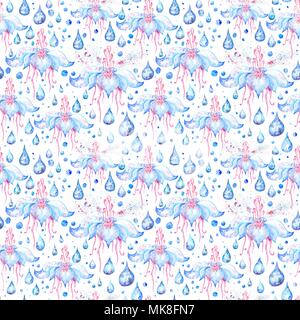 Aquarell nahtlose Textur mit Lotus, Wassertropfen und Farbe spritzen auf weißem Hintergrund Stockfoto