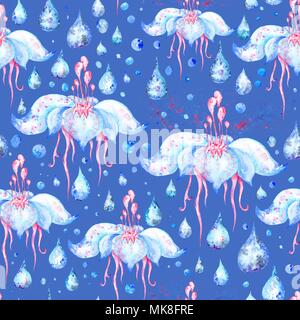 Aquarell nahtlose Textur mit Lotus, Wassertropfen und Farbe spritzen auf blauem Hintergrund Stockfoto