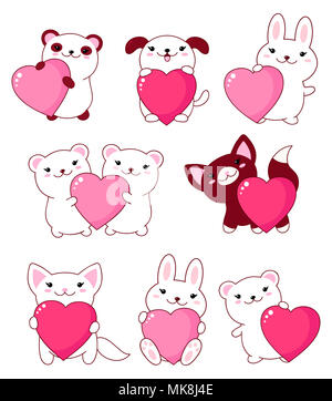 Satz von niedlichen Baby Tiere - Eisbär, Panda, Hund, Hase, Katze. Mit Rosa und Rot glänzend Valentine Herzen kawaii Stil. EPS8 Stockfoto