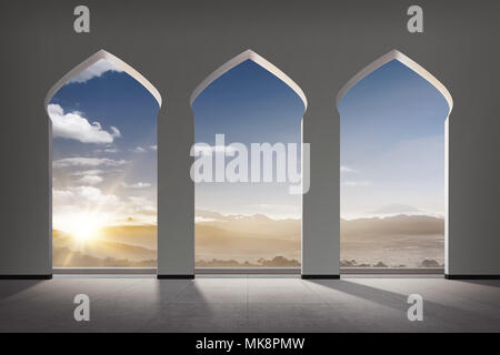 Moschee windows mit Sonnenlicht und Landschaft Hintergrund Stockfoto