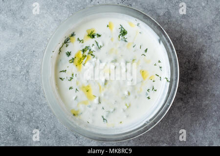 Zaziki Sauce/Türkischen Cacik Joghurt mit Gurkenscheiben und Olivenöl. Traditionelle Speisen. Stockfoto