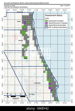 National Oceanic and Atmospheric Administration ist eine wissenschaftliche Behörde der Vereinigten Staaten, die für Wettervorhersagen und Meeresforschung zuständig ist. Das Archivbild enthält ein Diagramm zu Hurrikan Irma und Emergency Support Function 10 Aktivitäten in Florida. Stockfoto