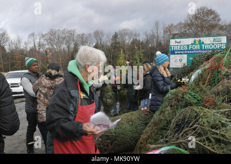 Sally Ellms Ellms, der Farm der Familie, hilft Platz Urlaub Dekorationen in gespendete Weihnachtsbäume mit freiwilligen New York National Guard Soldaten und Piloten, die zusammen mit lokalen Veteranen und Patriot Guard Riders für die Bäume für Truppen Lieferung bei Ellms Family Farm, Ballston Spa, New York, 27. November 2017. Einige 36 Personal half Laden ca. 150 Weihnachtsbäume für militärische Anlagen um das Land gebunden. Dies war im 13. Jahr, dass die Farm in den Bäumen für Truppen Veranstaltung teilgenommen teilgenommen hat. Us Air National Guard Foto: Staff Sgt. Stephanie J. Lambert. Stockfoto