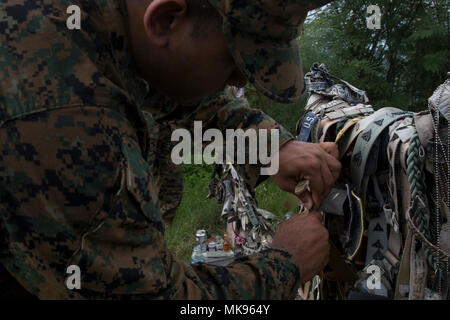 Sgt. Ravi Persad, eine Karriere Planer mit der Bekämpfung der Logistik Bataillon 31, 31 Marine Expeditionary Unit, Blätter ein Andenken vor der Marine Memorial auf Mt. Suribachi auf Iwo Jima, Japan, November 30, 2017. Andenken sind Links für diejenigen, die in der Schlacht von Iwo Jima im Zweiten Weltkrieg gekämpft, das war ein Keystone Schlacht in Marine Corps Geschichte zu bezahlen. (U.S. Marine Corps Foto von Lance Cpl. Amy Phan/Freigegeben) Stockfoto