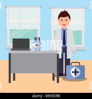 Arzt in der Beratung Zimmer mit Schreibtisch laptop Medizin und Erste Hilfe Kit Vector Illustration Stock Vektor