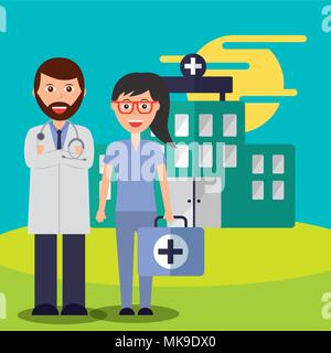 Arzt und Krankenschwester Koffer personal medical Team Krankenhaus Vector Illustration Stock Vektor
