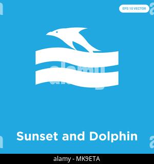 Sonnenuntergang und Dolphin vektor Symbol auf blauem Hintergrund, Zeichen und Symbol isoliert Stock Vektor