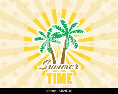 Palmen Sticker mit Strahlen. Sommer. Typografie Design. Vector Illustration Stock Vektor