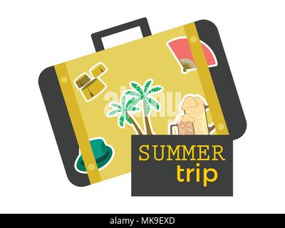 Sommer reise Koffer mit Aufkleber. Reisen Banner, Symbol auf weißem Hintergrund. Vector Illustration Stock Vektor