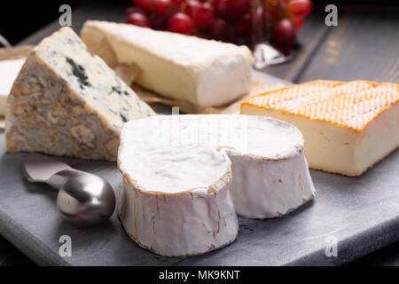 Französischer Käse Platte in Sortiment, Neufchatel herzförmige gealterte weiße Kuh Käse aus der Normandie Stockfoto