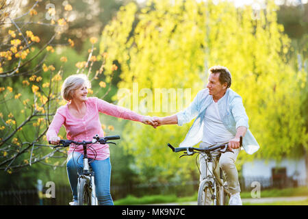 Schönes älteres Ehepaar mit Fahrräder außerhalb im Frühjahr die Natur. Stockfoto