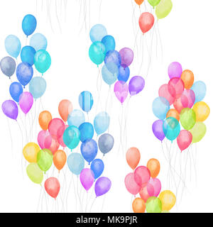 Aquarell Luft Helium Ballon. Hand gezeichnet von rosa, rot, grün, blau, lila, orange, gelbe Luftballons auf weißem Hintergrund. Stockfoto