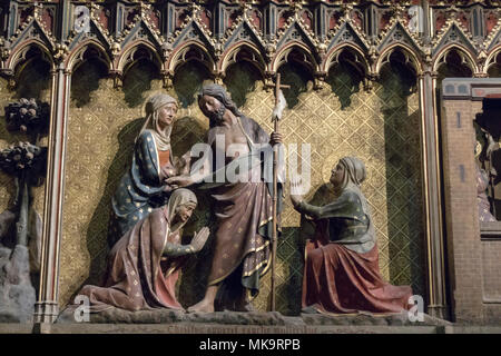 Die gotische Skulptur des auferstandenen Christus erscheinen, um die heiligen Frauen, die Kathedrale von Notre-Dame de Paris, Frankreich Stockfoto