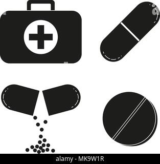 Schwarz und Weiß Erste Hilfe Kit Inhalt Silhouette. Healthcare themed Vector Illustration für Symbol, Aufkleber, Zeichen, Patch, Abzeichen, Geschenk ca Zertifikat Stock Vektor
