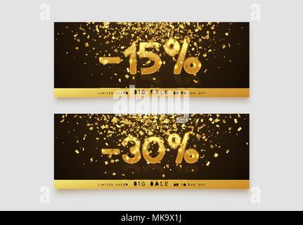 Gutschein Vorlage Design mit gold Konfetti Lametta. Gutschein card, Verkauf banner Vorlage. 15, 30 Prozent Vector Illustration Stock Vektor