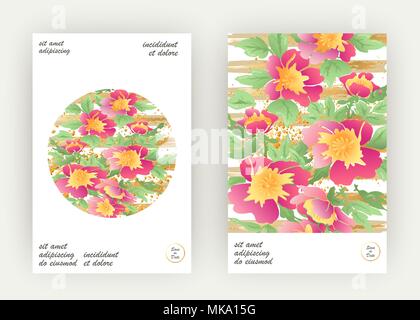 Grußkarten mit Blume Rose Wreath Blätter mit gold Linien weiße Geometrische trendy Hintergrund Hochzeit ornament Rosa Blumenmuster Magazin Poster einladen. G Stock Vektor