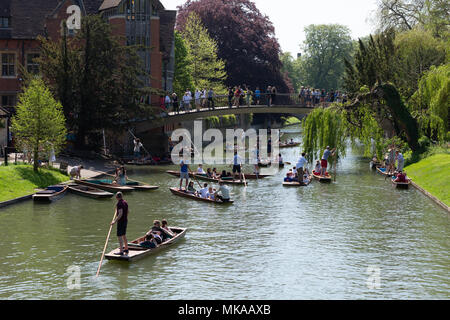 Cambridge, Großbritannien. 7. Mai, 2018. Touristen genießen die Bank Holiday Sonnenschein entlang dem Fluss Cam in Cambridge, England. CamNews/Alamy leben Nachrichten Stockfoto