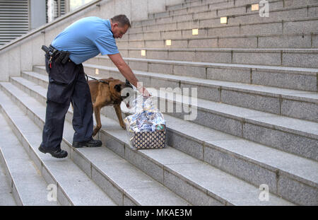 Frankfurt am Main, Deutschland. 7. Mai, 2018. Eine Bombe - schnüffelnhund der Polizei Kontrolle der Hessischen "Fresspaket" ("essen Paket'), die Deutsche Bundeskanzlerin Merkel als Geschenk während der CDU/CSU-Fraktion Chairpeople der Konferenz empfangen hatte. Das Paket war in den Kofferraum der Limousine des Kanzlers nur nach dem Hund keine Spuren von Verdächtigen zu finden verstaut Gerüche unter den Käse, Wurst und Senf. Foto: Boris Roessler/dpa Quelle: dpa Picture alliance/Alamy leben Nachrichten Stockfoto