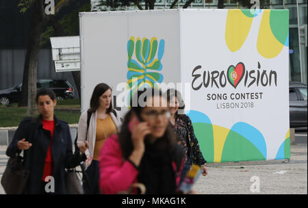 07. Mai 2018, Portugal, Lissabon: Bild von einem übergroßen sterben mit dem Logo des Eurovision Song Contest. Die Endrunde der Eurovison Song Contest (ESC) findet in Lissabon, Portugal, am 12. Mai 2018. Foto: Jörg Carstensen/dpa Stockfoto