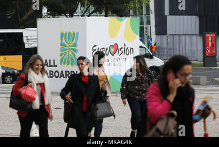 07. Mai 2018, Portugal, Lissabon: Bild von einem übergroßen sterben mit dem Logo des Eurovision Song Contest. Die Endrunde der Eurovison Song Contest (ESC) findet in Lissabon, Portugal, am 12. Mai 2018. Foto: Jörg Carstensen/dpa Stockfoto