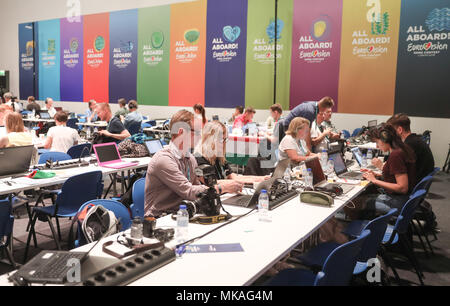 07. Mai 2018, Portugal, Lissabon: Bild des Pressezentrums der Der Eurovison Song Contest (ESC), der findet in Lissabon, Portugal, am 12. Mai 2018. Foto: Jörg Carstensen/dpa Stockfoto