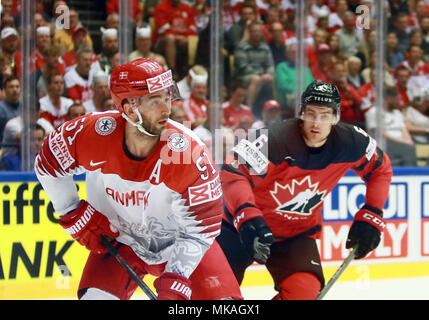 Herning, Dänemark. 7. Mai, 2018. von links Frans Nielsen (Dänemark), Ryan PULOCK (Kanada), 07. Mai 2018 Eishockey-WM 2018, Kanada vs Dänemark, Jyske Bank Boxen, Herning / Dänemark, Kredit: Wolfgang Fehrmann/ZUMA Draht/Alamy leben Nachrichten Stockfoto