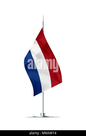Kleine niederländische Flagge auf einer metallenen Stange. Die Flagge hat schön detaillierte Textil Textur. Auf weissem Hintergrund. 3D-Rendering. Stockfoto