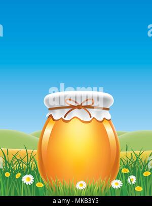 Krug Honig in einer Wiese mit Blumen Stock Vektor