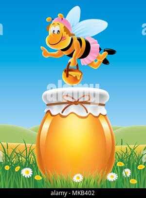 Krug Honig in einer Wiese mit Bienen und Blumen Stock Vektor