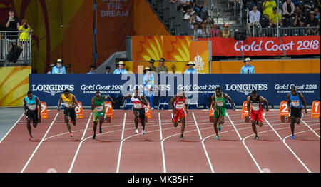 GOLD COAST, Australien - 8 April: Warren Fraser, Nigel Ellis, Akani Simbine, Harry Aikines-Aryeetey, kemar Hyman, Seye Ogunlewe, Keston Bledman, Sibusi Stockfoto