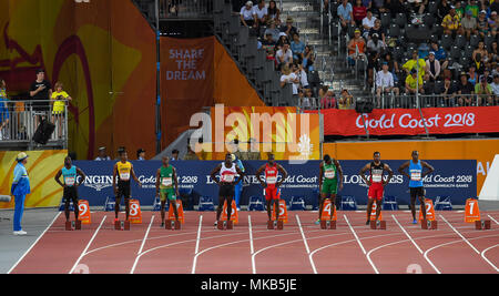 GOLD COAST, Australien - 8 April: Warren Fraser, Nigel Ellis, Akani Simbine, Harry Aikines-Aryeetey, kemar Hyman, Seye Ogunlewe, Keston Bledman, Sibusi Stockfoto