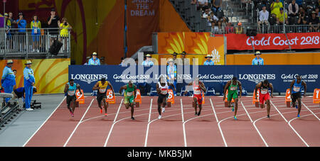 GOLD COAST, Australien - 8 April: Warren Fraser, Nigel Ellis, Akani Simbine, Harry Aikines-Aryeetey, kemar Hyman, Seye Ogunlewe, Keston Bledman, Sibusi Stockfoto