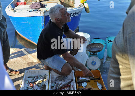 Porto Cesareo, Fischer Verkauf von Fisch auf die Boote im Hafen. Italien. Stockfoto