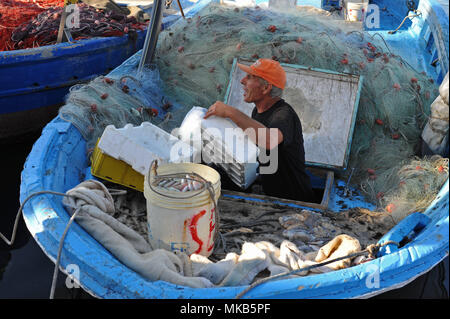 Porto Cesareo, Fischer Verkauf von Fisch auf die Boote im Hafen. Italien. Stockfoto