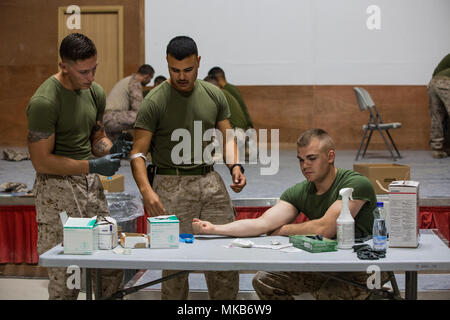 Us Marine Sgt. Fistick Zacharie (links), den Befehl Element, Special Purpose Marine Air-Ground Task Force - Krisenmanagement - Central Command, bereitet eine IV der US Marine Cpl zu verwalten. Benjamin Nemier (rechts), CE, SPMAGTF-CR-CC, mit Hilfe der U.S. Navy Hospital Corpsman 3. Klasse Nefi Varelo (Mitte), Bodenkampf Element, SPMAGTF-CR-CC, während einem Kampf Life Savers Kurs, während im Nahen Osten Nov. 6-8, 2017 durchgeführt. CLS ist ein 3-tägiger Kurs, der darauf abzielt, Marines auf der Notversorgung von Verletzten in einer Bekämpfung der Umgebung zu trainieren. Stockfoto