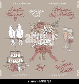 Satz von Vintage Farbe Hochzeit verwandte Skizzen und Pinsel Kalligraphie. Schließt Wein Glas, Blumenstrauß, Tauben und Kuchen. Stock Vektor